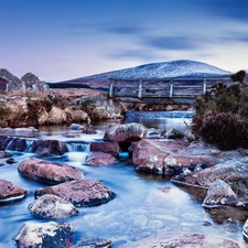 wooden, bridges, cascade, Stones, River