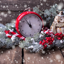 Wooden, owl, composition, Christmas, alarm clock