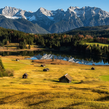 woods, Alps Mountains, Bavaria, Houses, Geroldsee Lake, Krun City, Germany