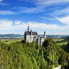 woods, Germany, Neuschwanstein, Mountains, Castle