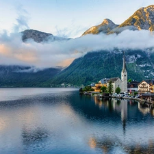 Hallstatt, Town, Houses, woods, Fog, Church, viewes, Austria, Hallstattersee Lake, trees, Alps, Mountains