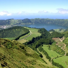 woods, Mountains, lake