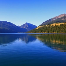 woods, lake, Mountains