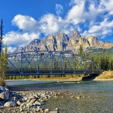 River, Mountains, woods, bridge