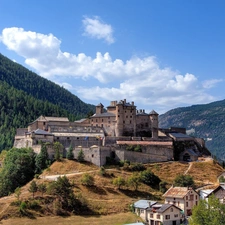 woods, Sky, Houses, Mountains, Castle