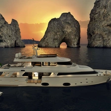 Great Sunsets, rocks, Yacht, sea