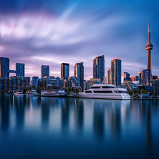 Yacht, skyscrapers, Toronto, Canada, Lake Ontario, The CN Tower
