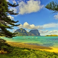 Yachts, Boats, Island, Mountains, Coast