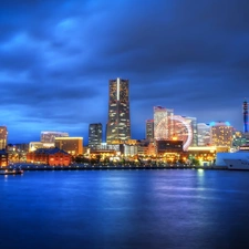 skyscraper, Night, Yokohama, port