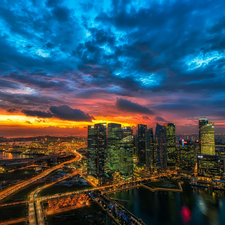 skyscrapers, Manhattan, Great Sunsets, illuminated, New York, roads, The United States