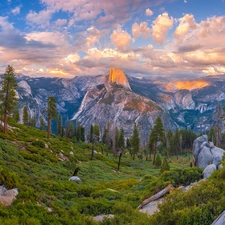 State of California, The United States, Yosemite National Park, trees, Sierra Nevada, clouds, Mountains, rocks, viewes