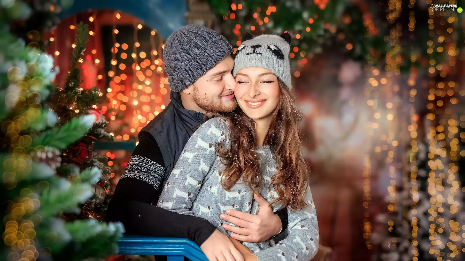 snuggled, Smiling, Women, a man, lovers