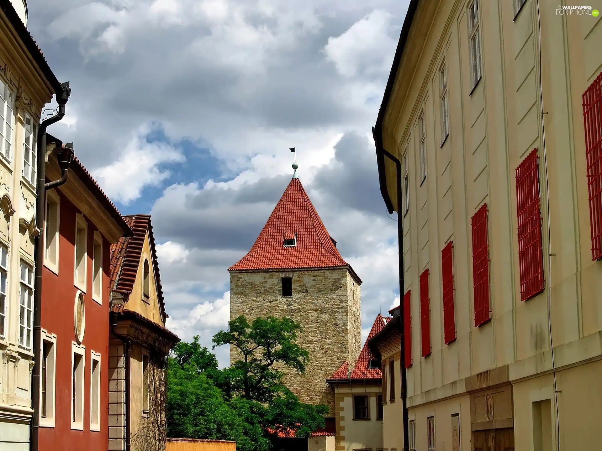 Houses, Prague, acacia, clouds, Street, Sights