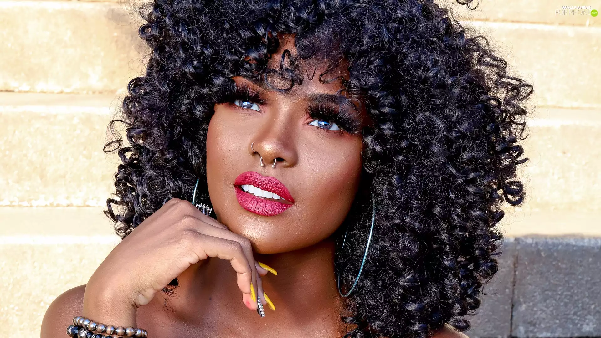 Afro, spiral, make-up, Hair, Women, brunette, ear-ring