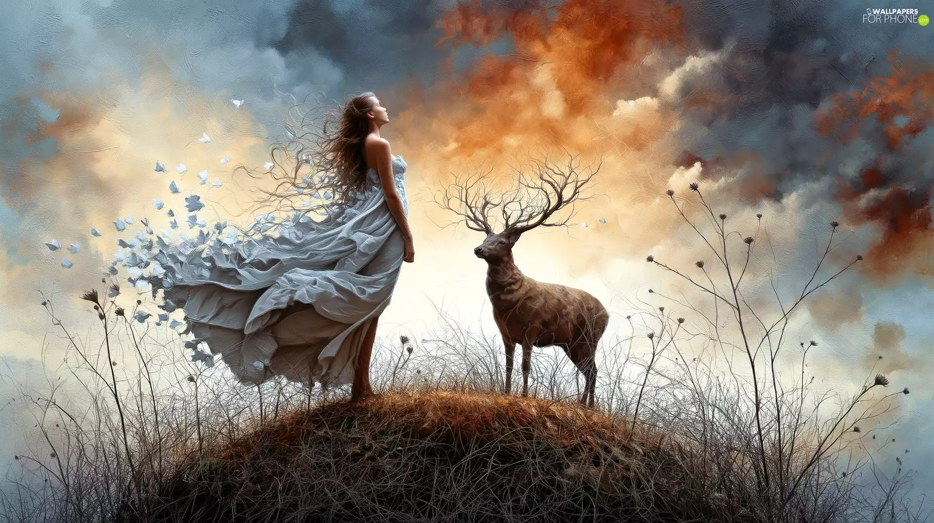 clouds, Ai, deer, color, Women