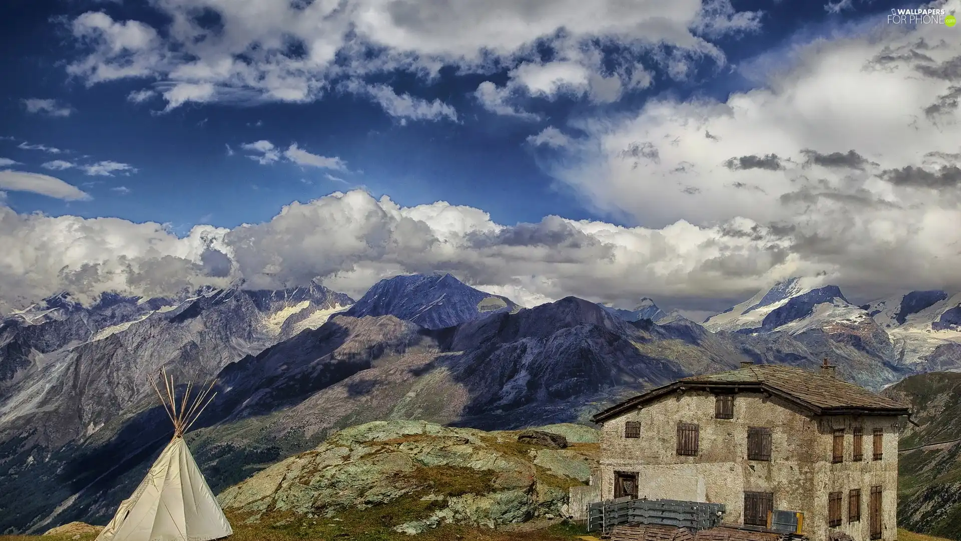 Alps, Switzerland, Mountains, clouds, house
