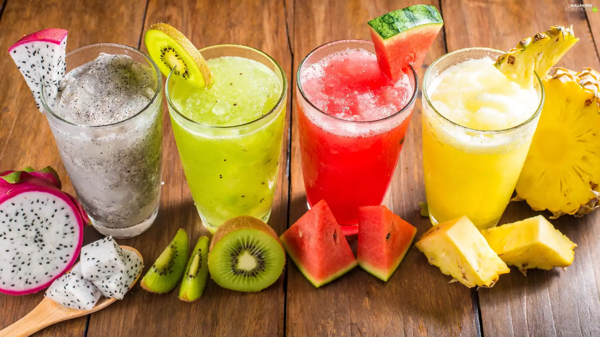 pitaya, Glass, watermelon, ananas, kiwi, Juices