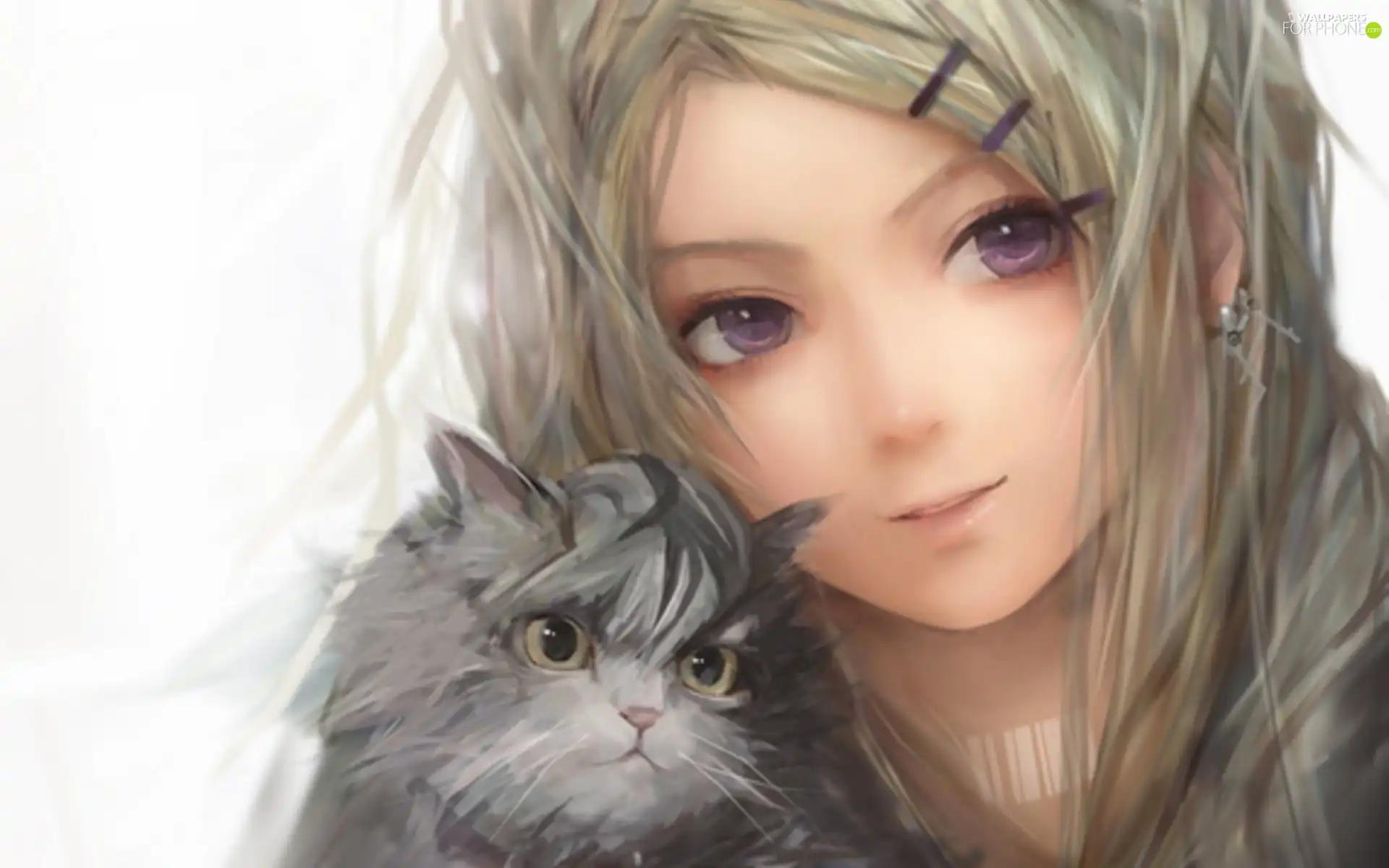 girl, cat, Anime, Gray