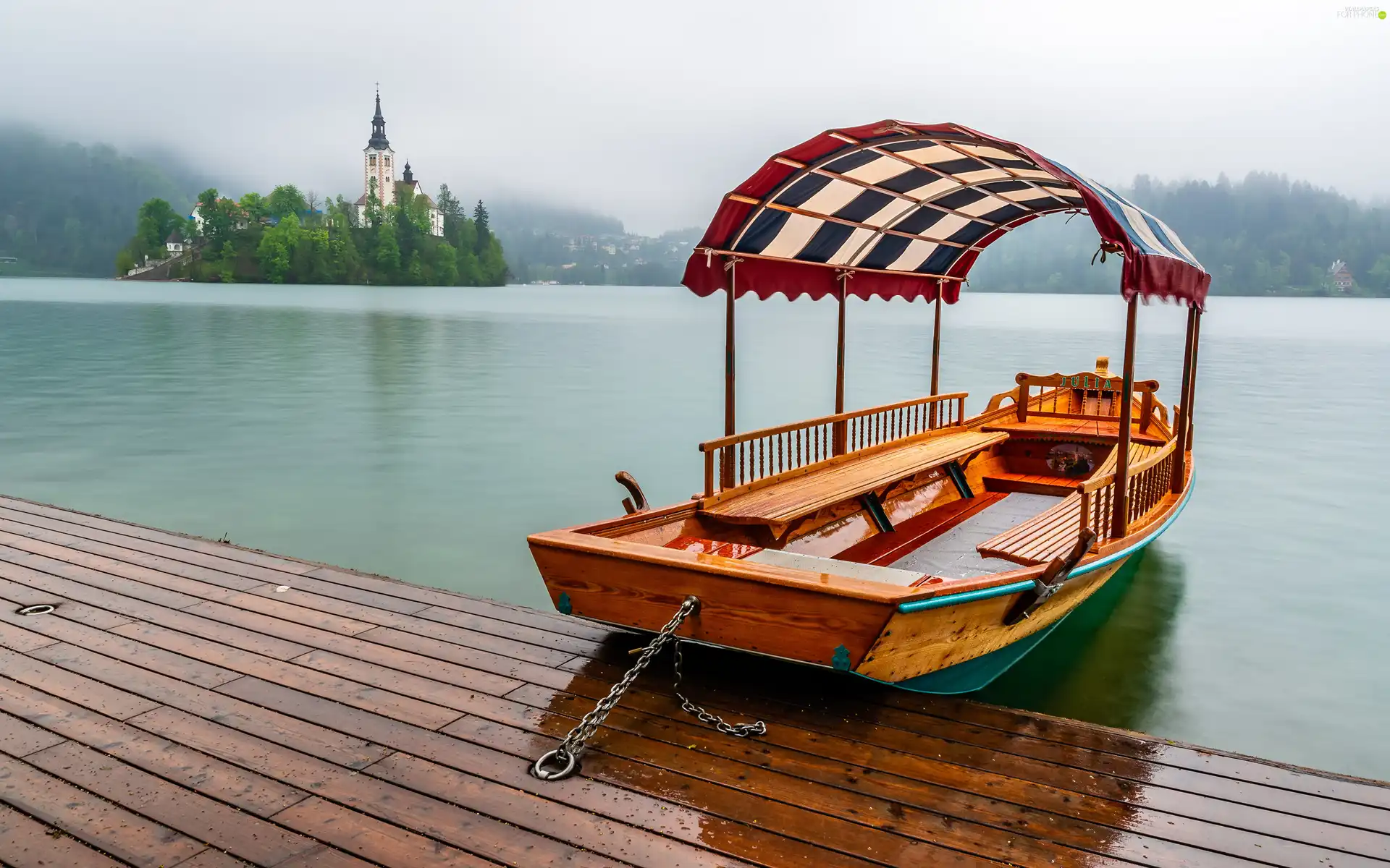 Church of the Annunciation of the Virgin Mary, lake, Platform, woods, Boat, Slovenia, Bled, Fog, Julian Alps Mountains, Blejski Otok Island