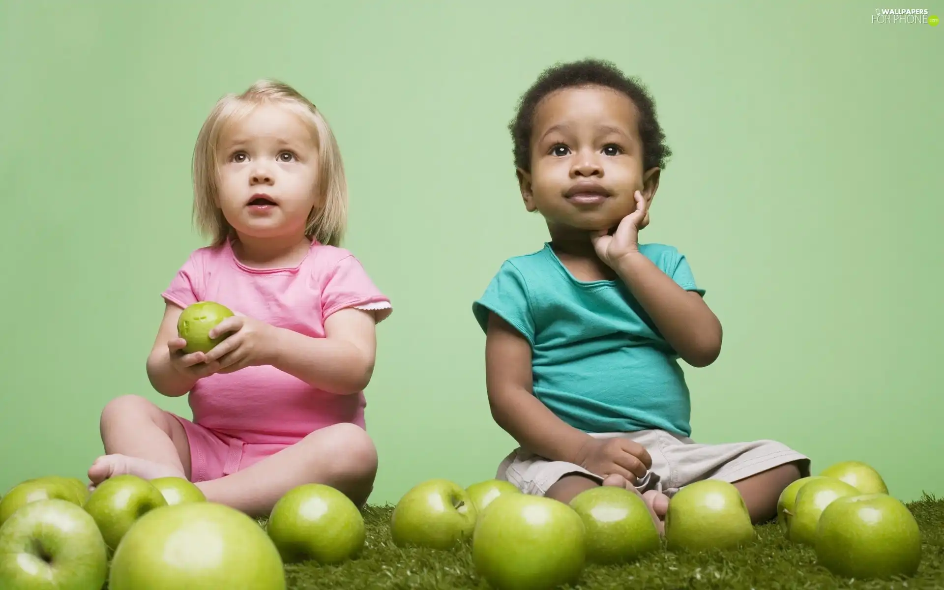 boy, green ones, apples, girl