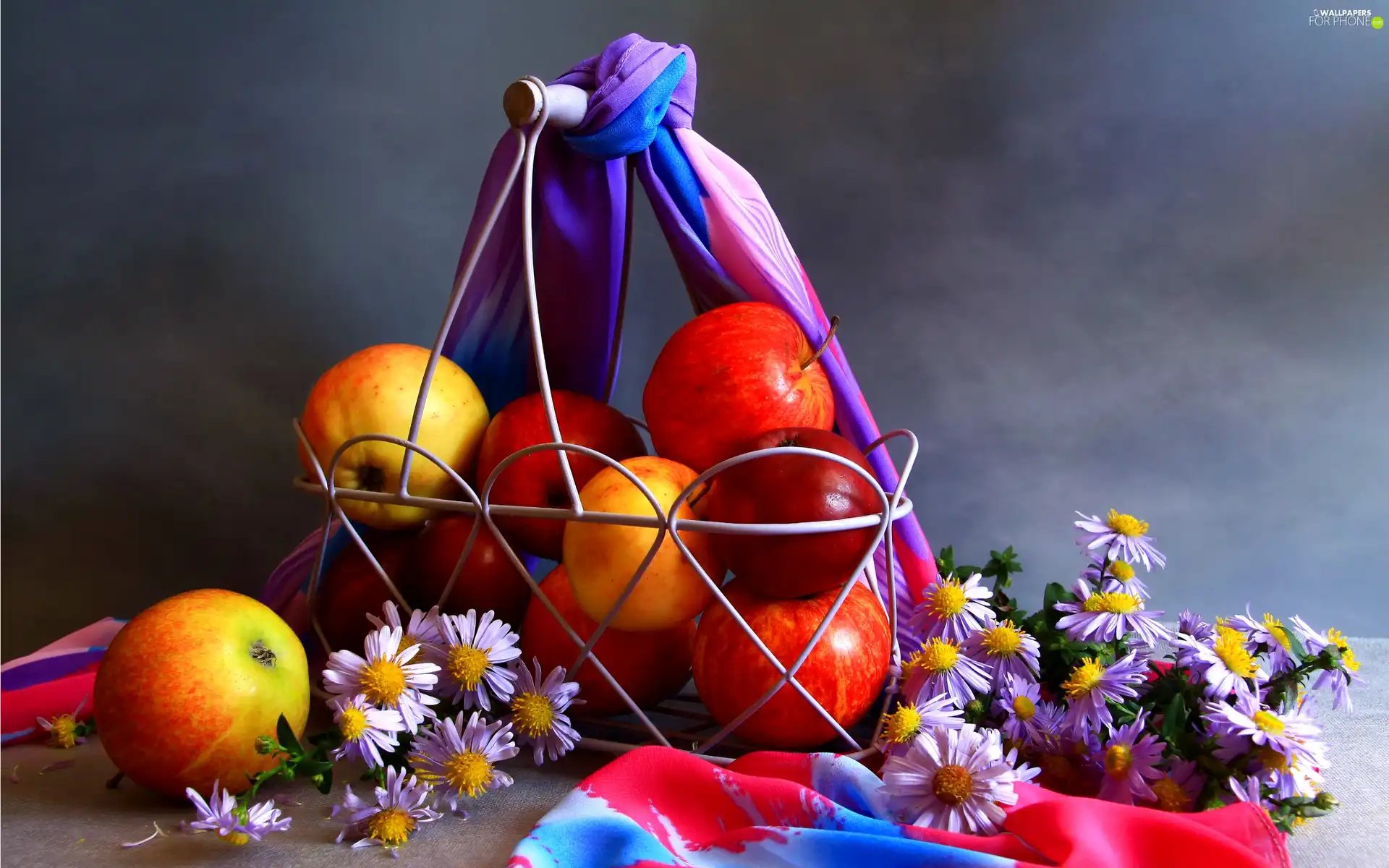 apples, daisy, basket, shawl, Metal