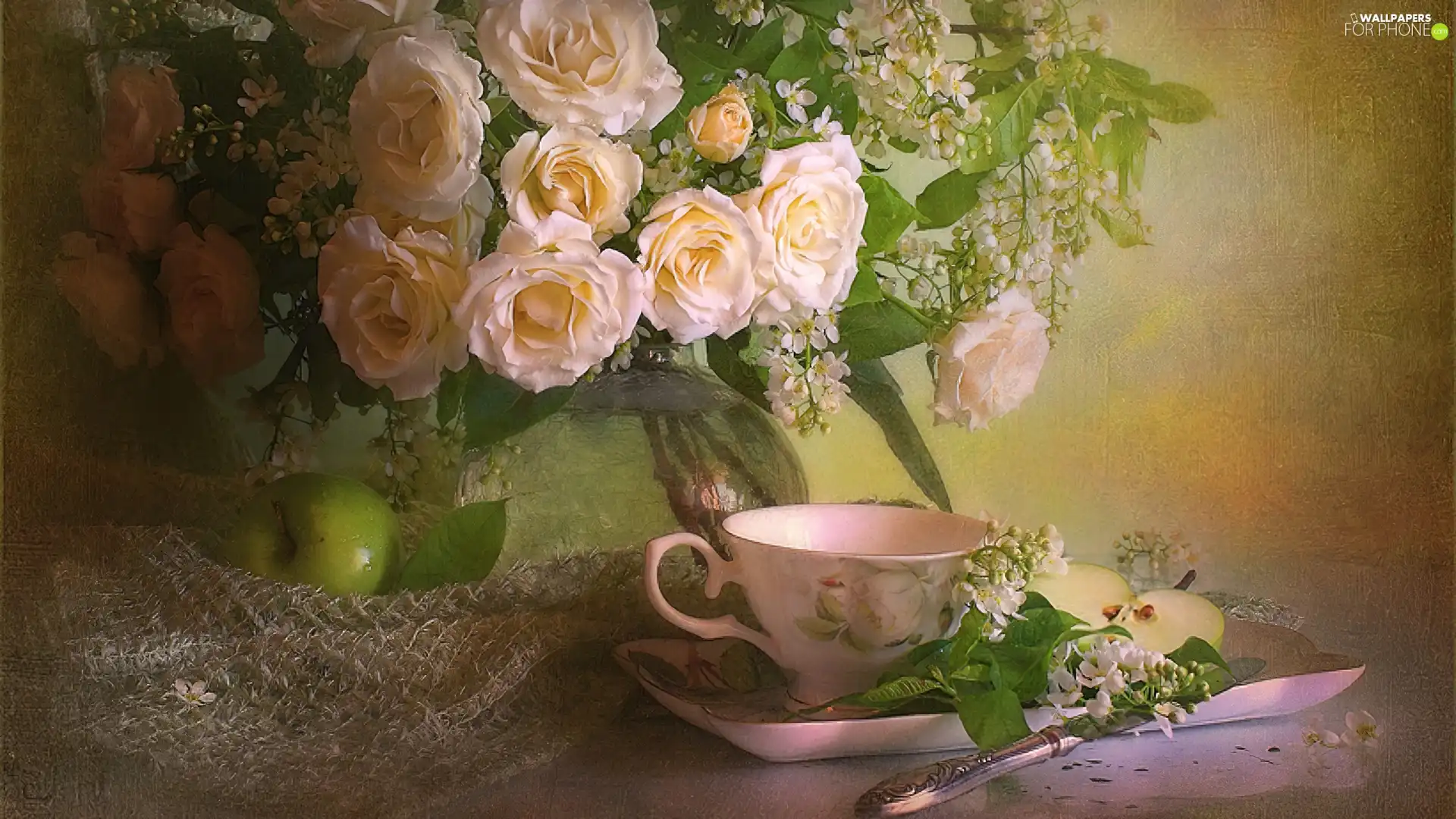 cup, Arts, lace, rouge, bouquet, apples, napkin