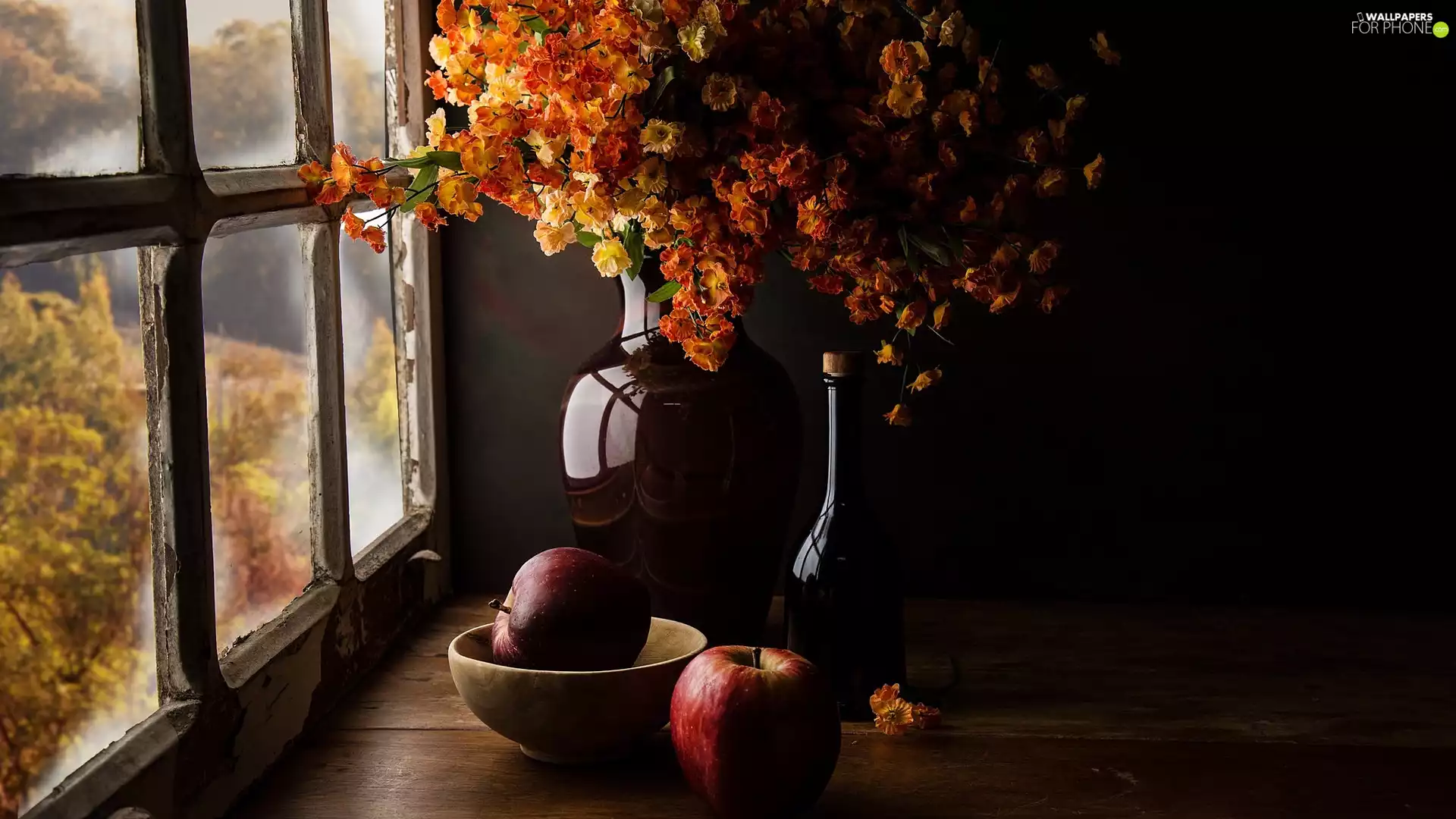 Window, Flowers, bowl, apples, Bottle, Vase