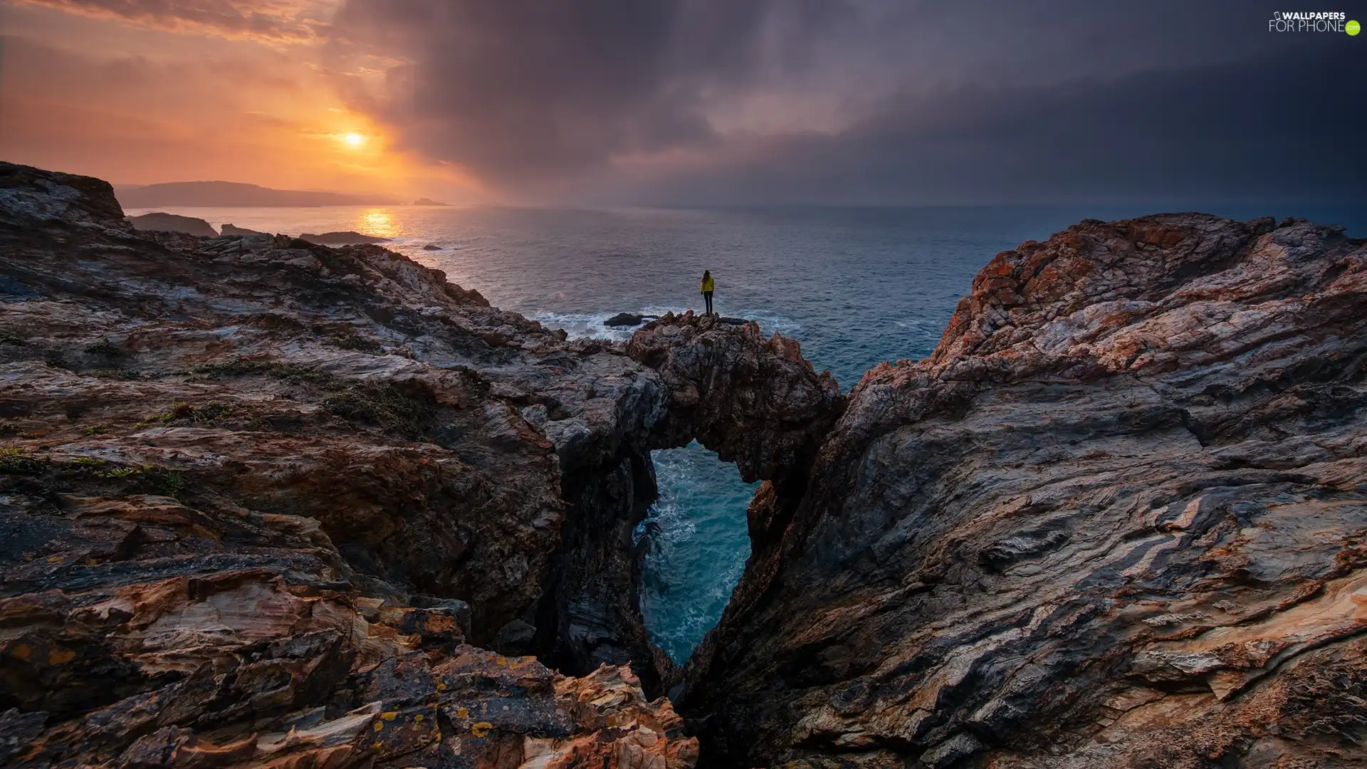 rocks, sea, Great Sunsets, clouds, Women, Rock Arch