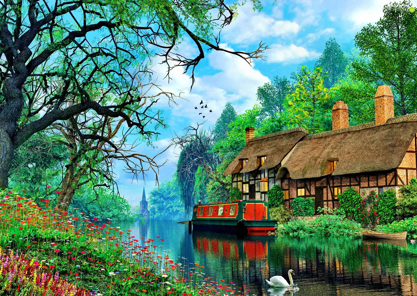 ark, picture, River, house, Flowers