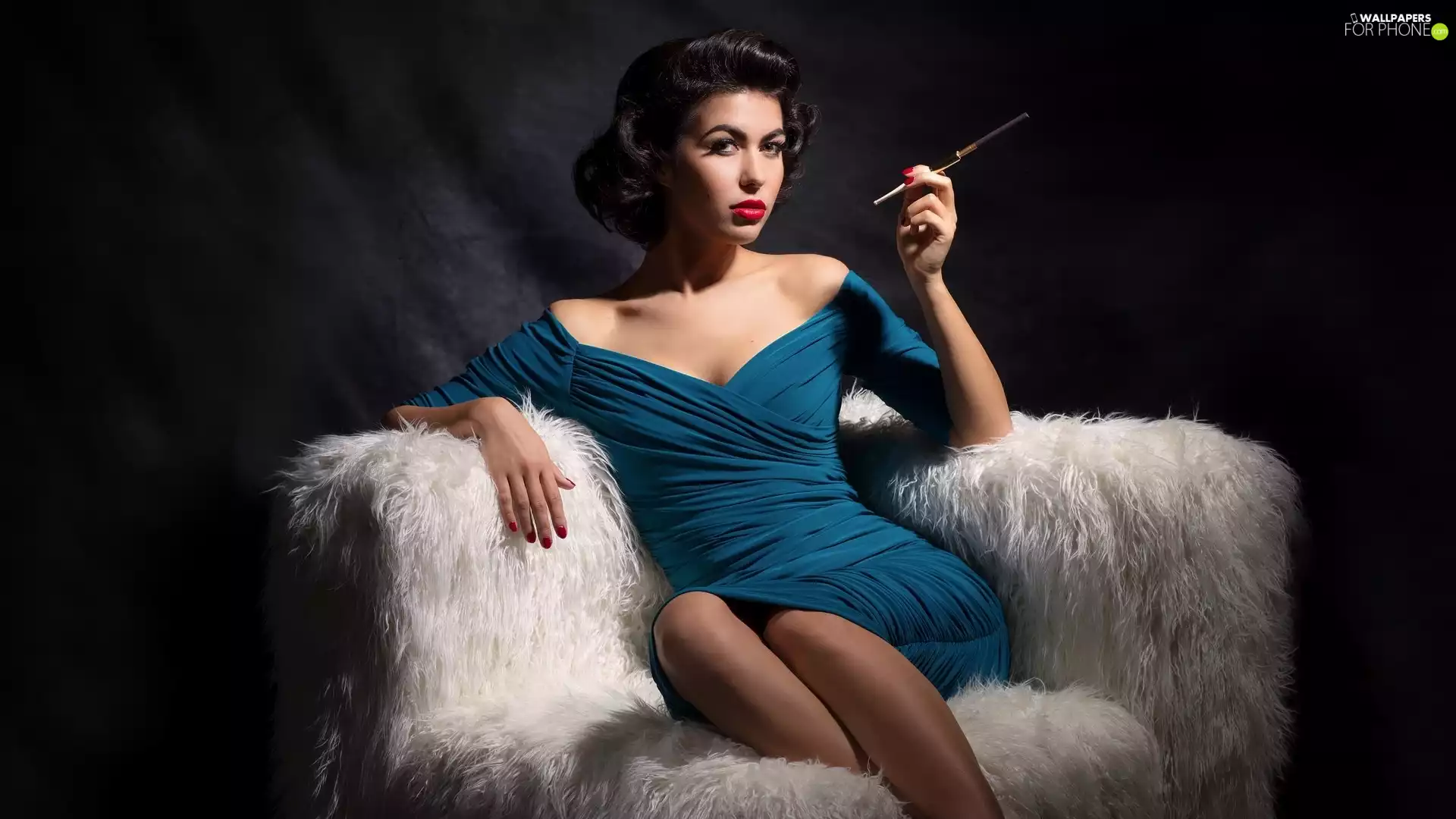 furry, Women, Blue, Armchair, dark, Cigarette, dress