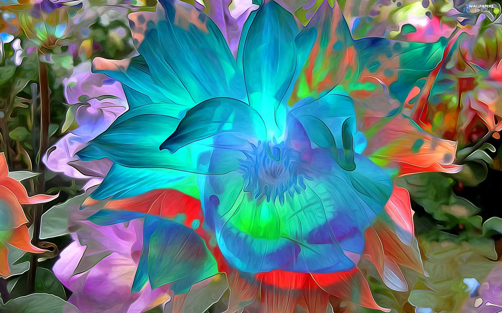 blue, abstraction, Art, Colourfull Flowers