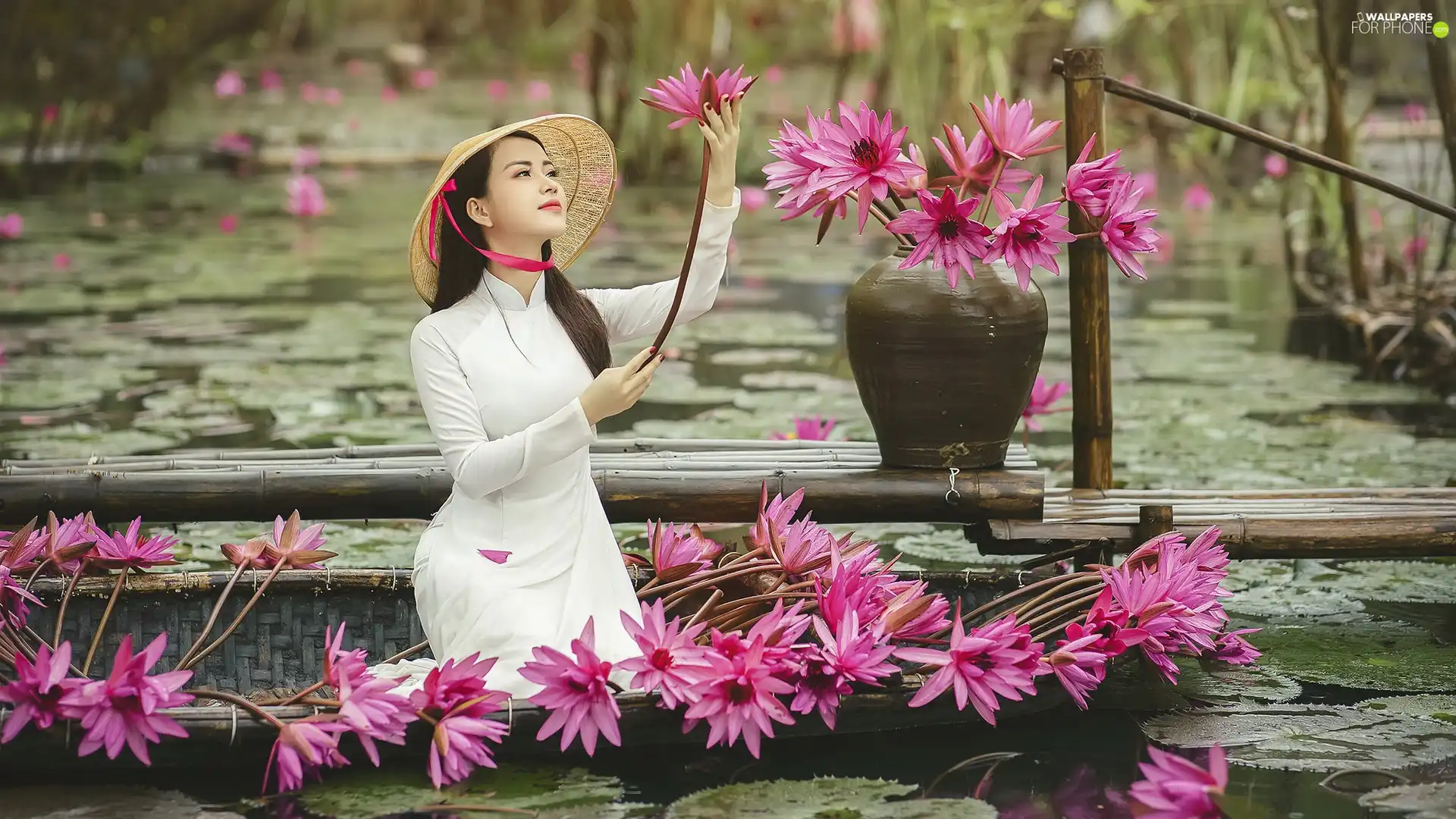 Asian, girl, Hat, dress, Water lilies, Boat, Vase, Flowers, Platform