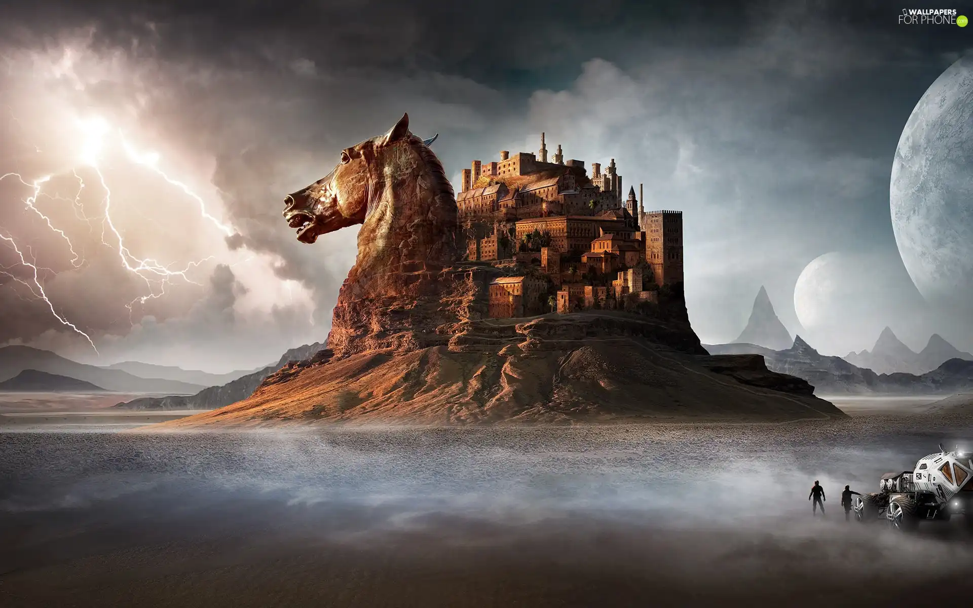 Automobile, figure, Castle, clouds, Rocks, fantasy, Horse, fantasy, Lightning, Characters