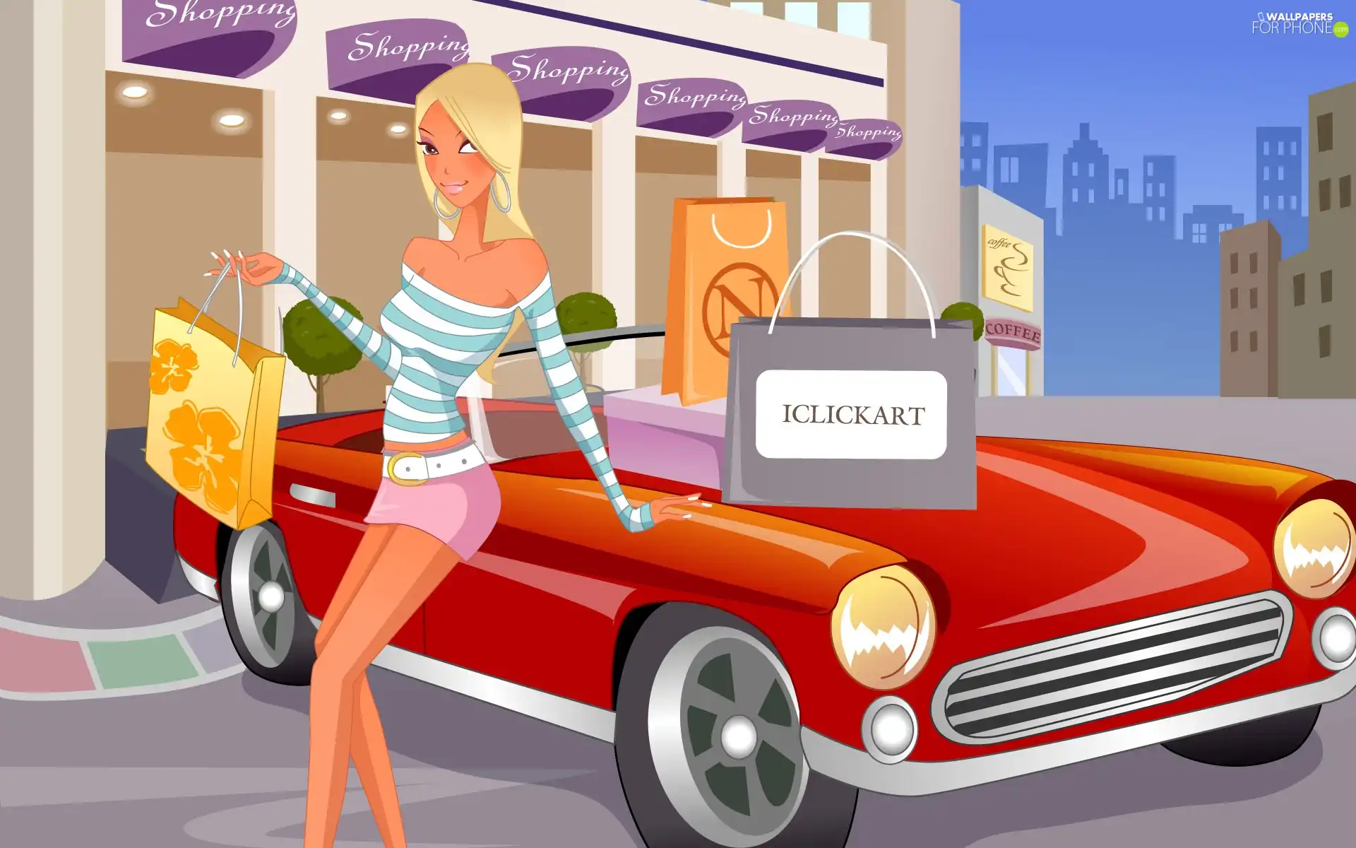 Blonde, graphics, Automobile, shopping, Red, Houses