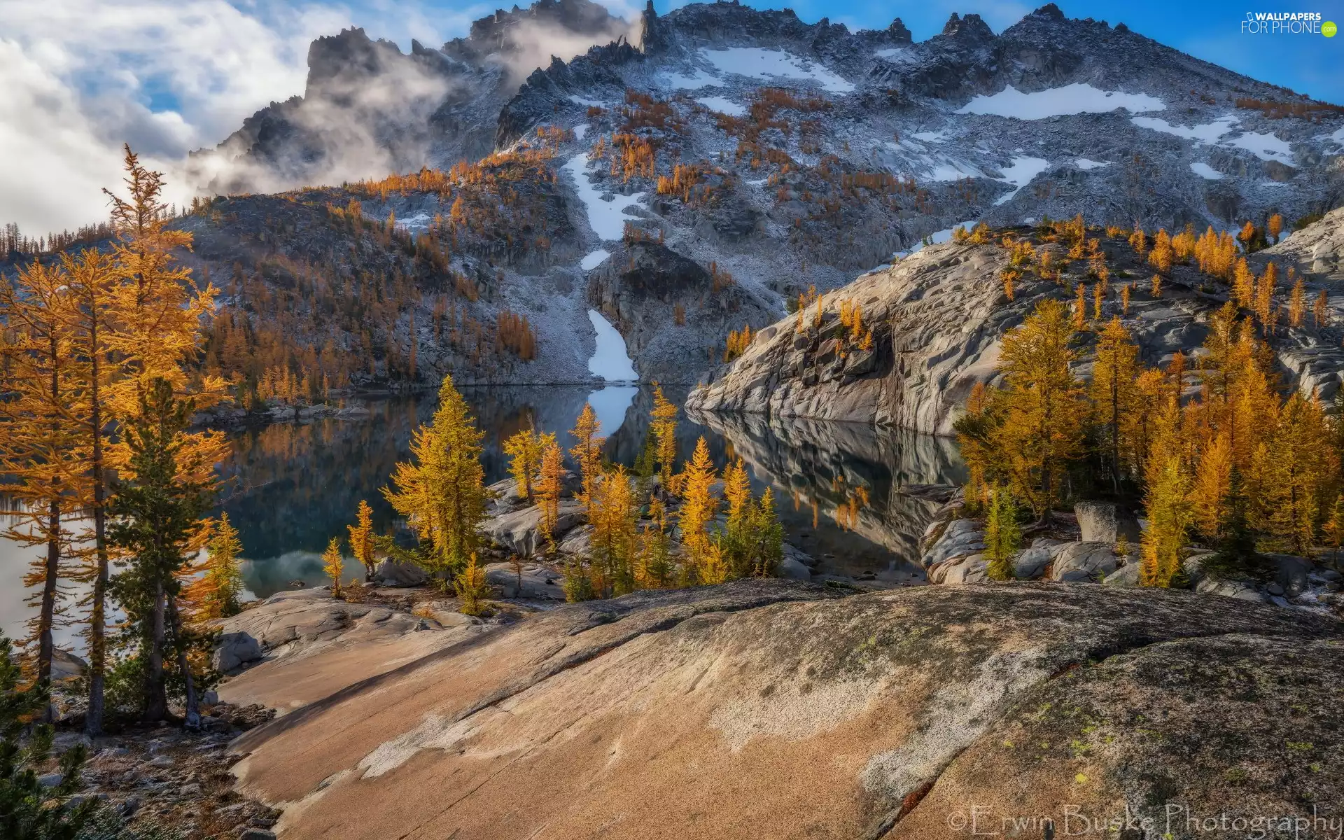 rocks, Mountains, viewes, autumn, trees, lake