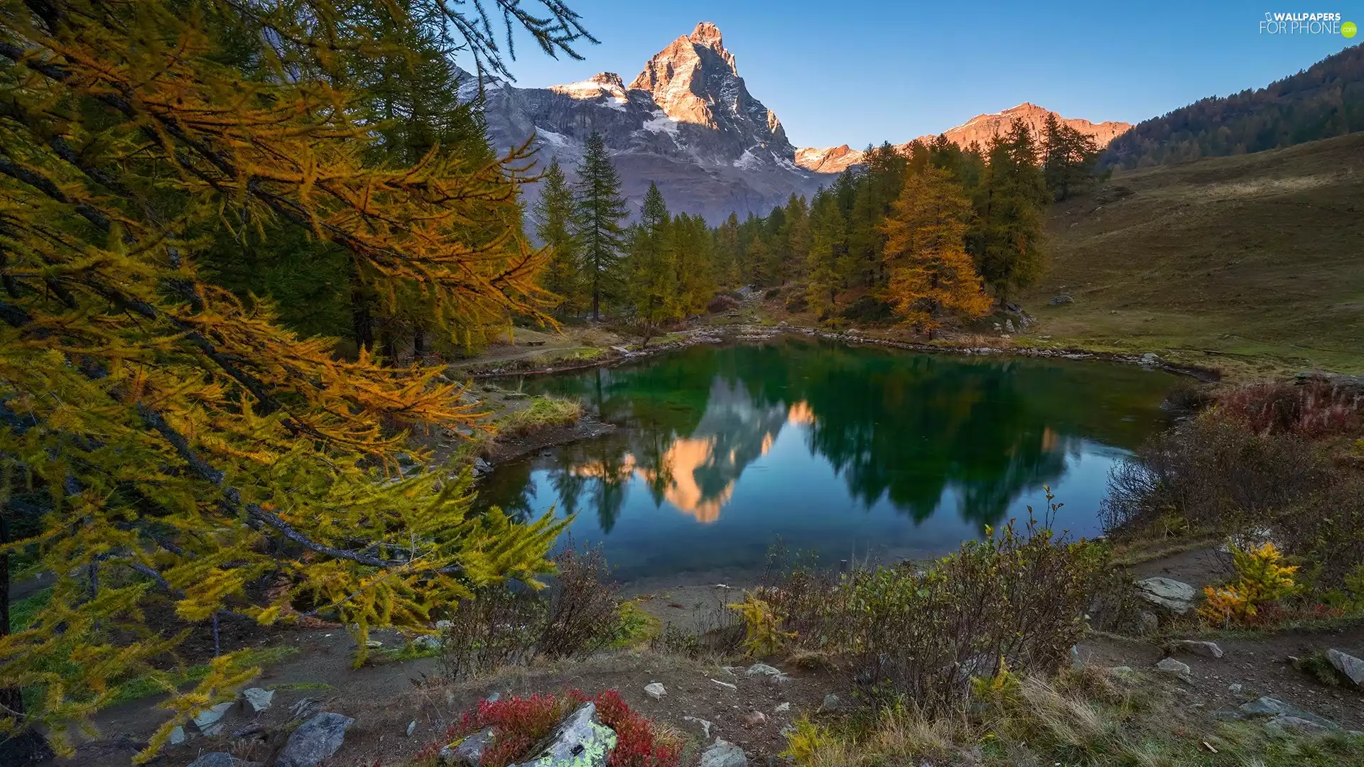 lake, Mountains, viewes, autumn, trees, mount