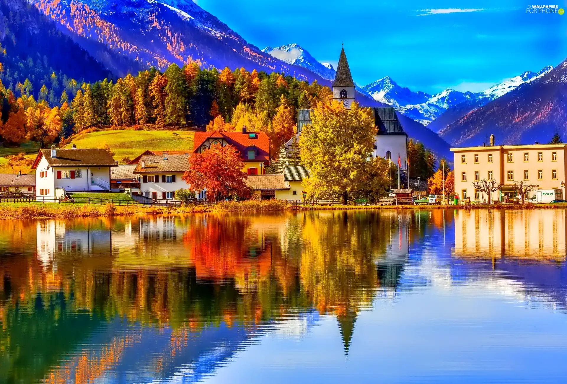 Mountains, Houses, autumn, lake