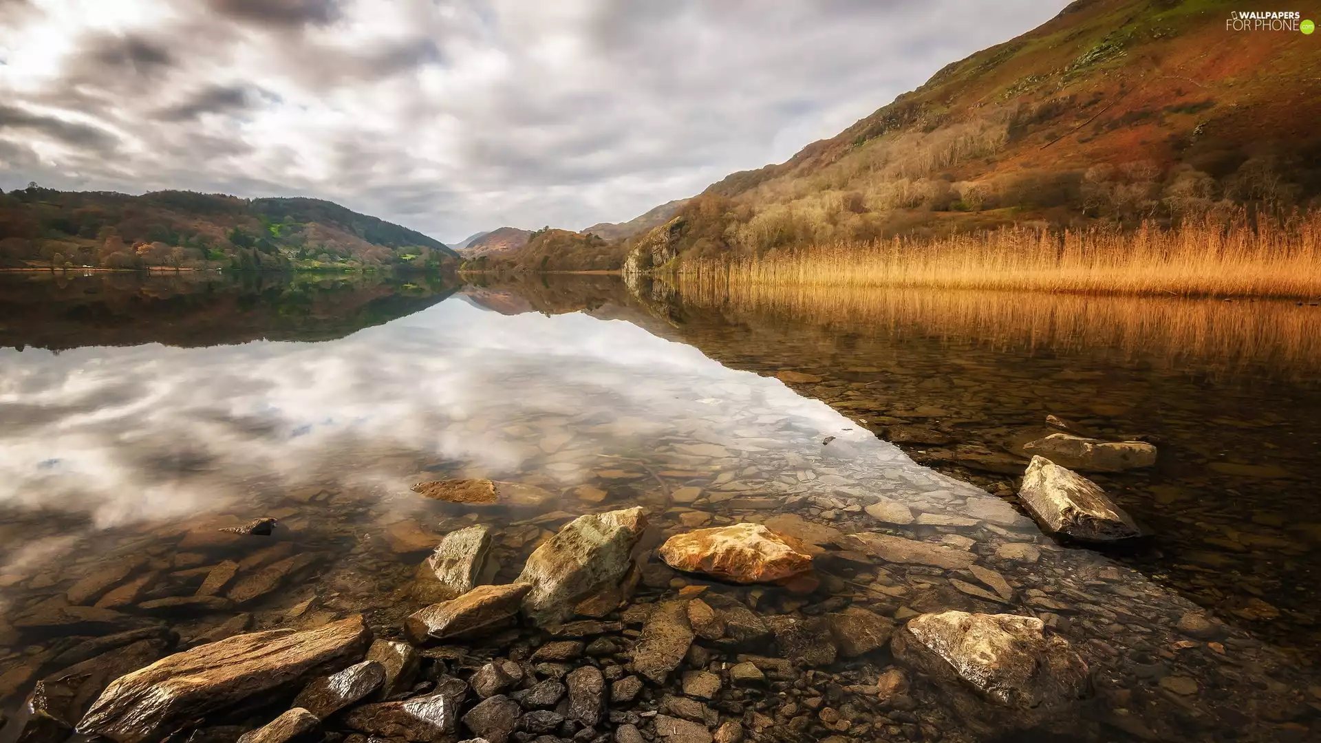 Llyn Gwynant Lake, autumn, viewes, Stones, trees, Snowdonia National Park, wales, The Hills