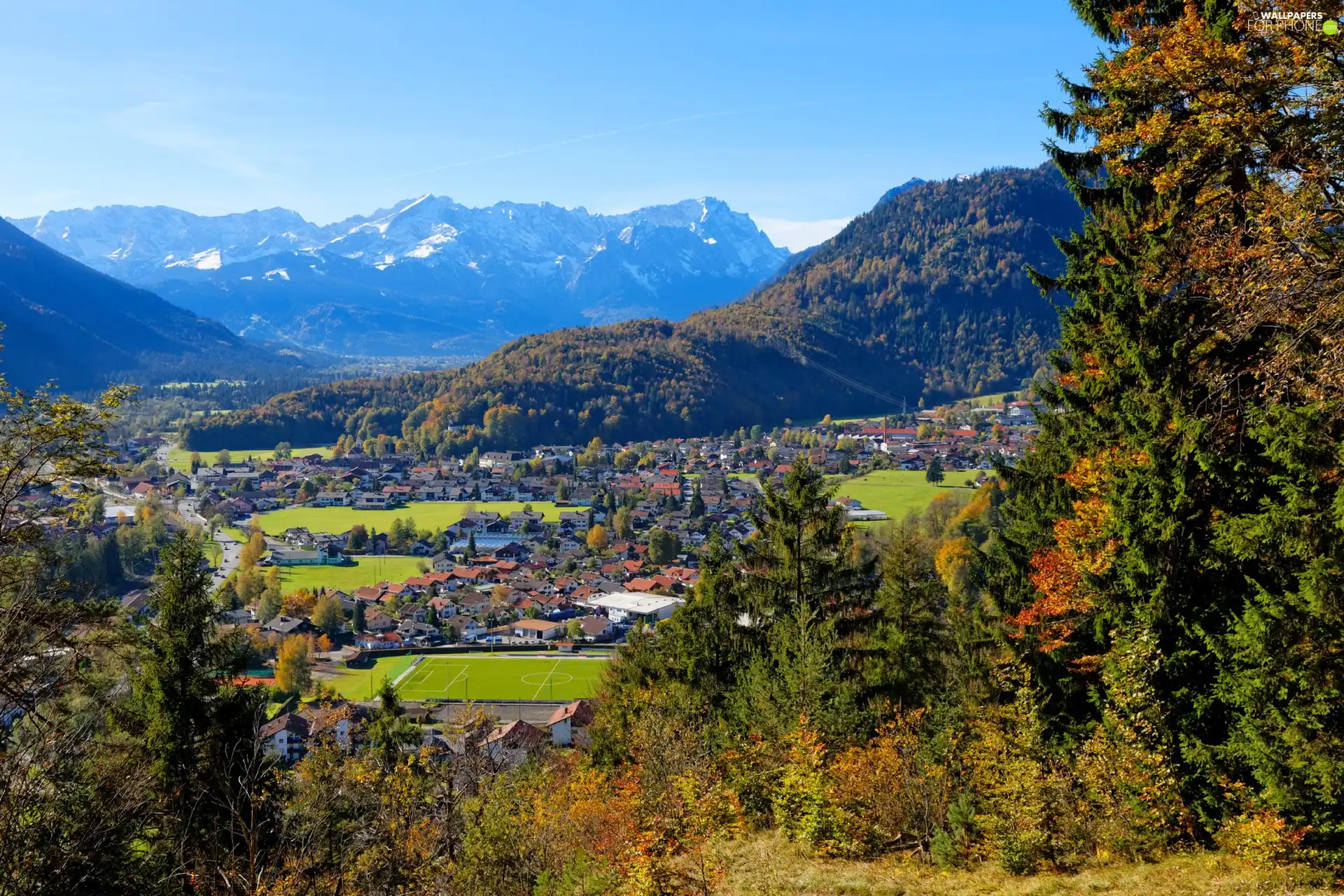 Town, woods, autumn, Mountains