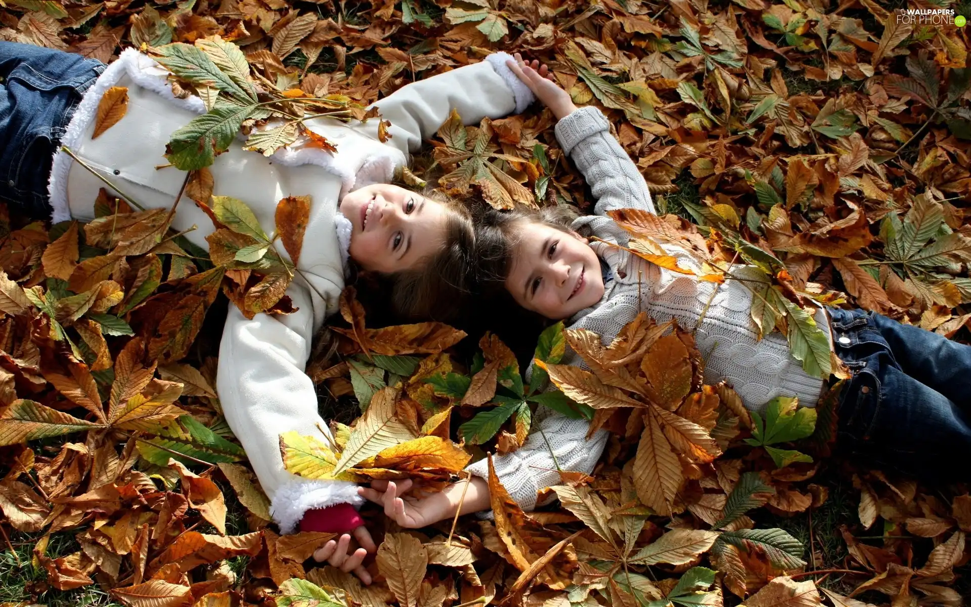 Two, Leaf, autumn, girls