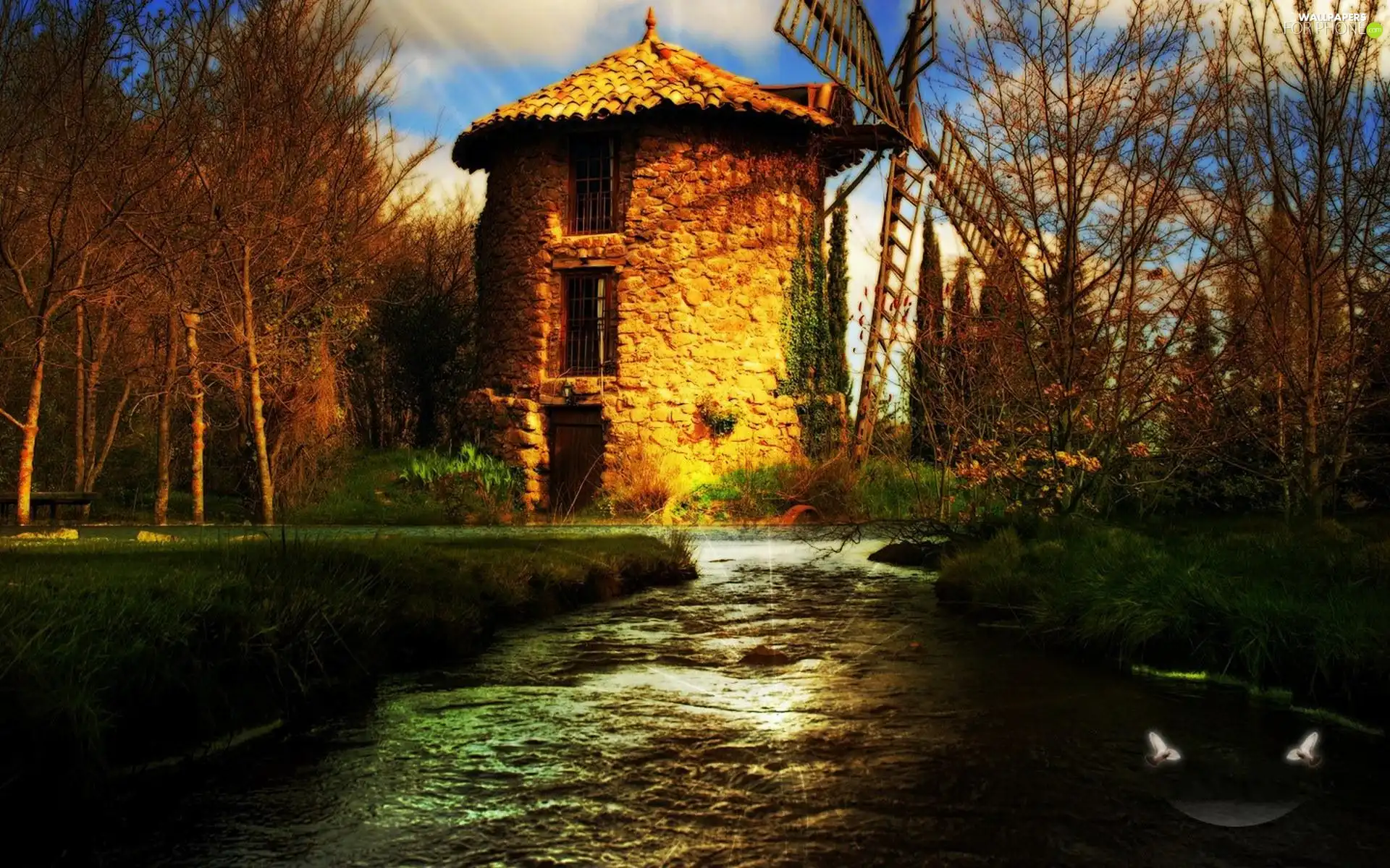 Windmill, River, autumn, water