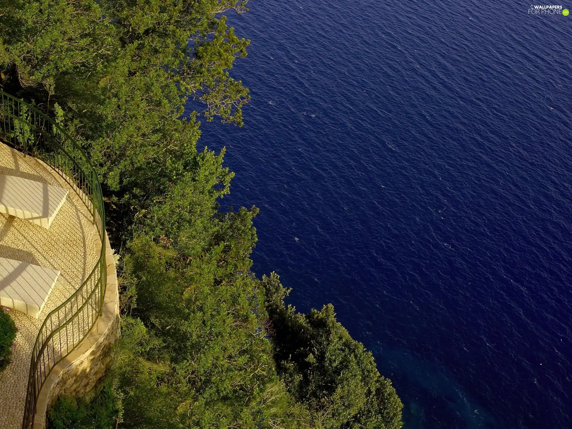 sea, viewes, Balcony, trees