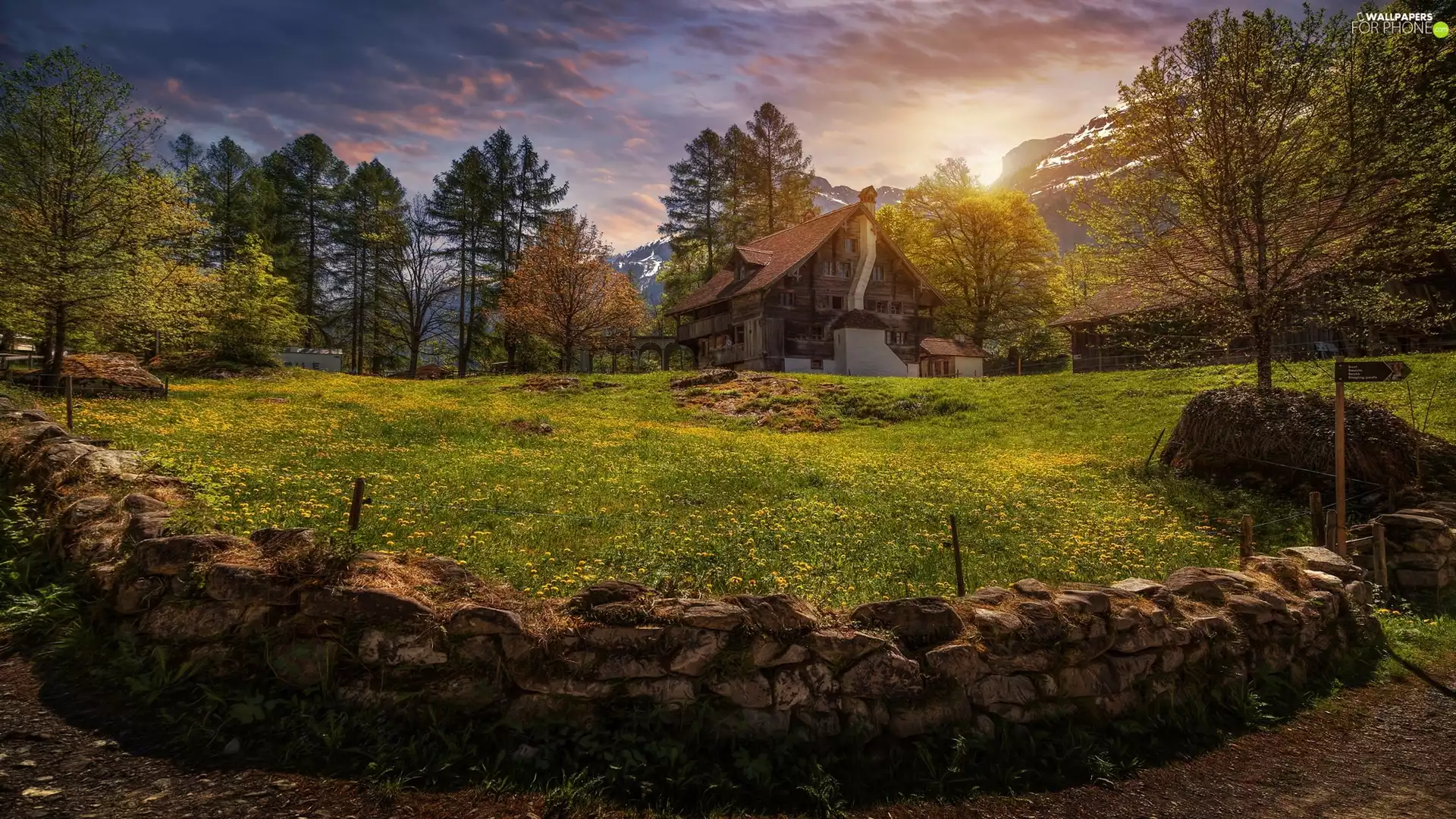 trees, Ballenberg Village, Mountains, Sunrise, house, Switzerland, Ballenberg Swiss Open-Air Museum, clouds, viewes, ledge