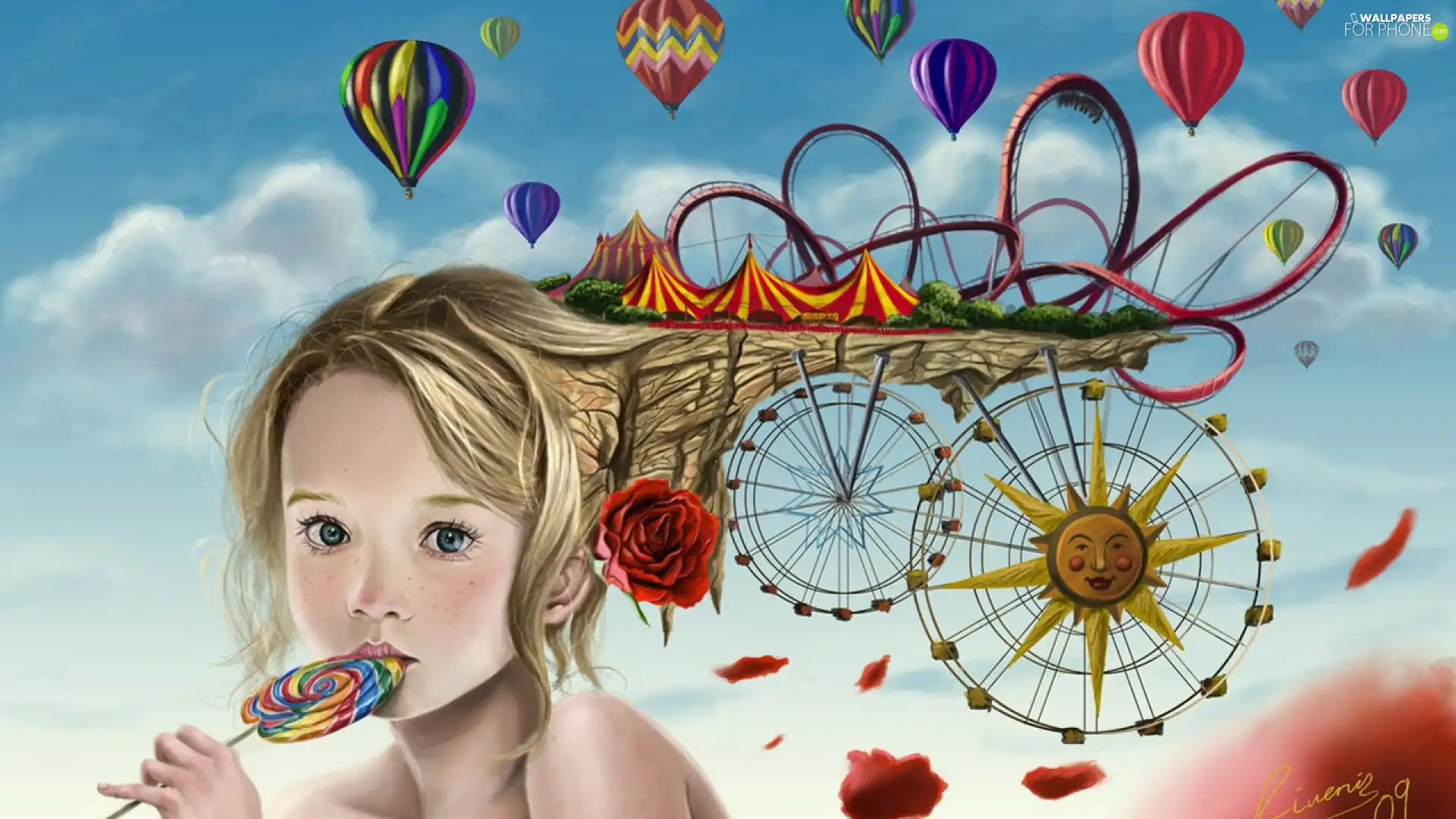 Balloons, girl, Lollipop