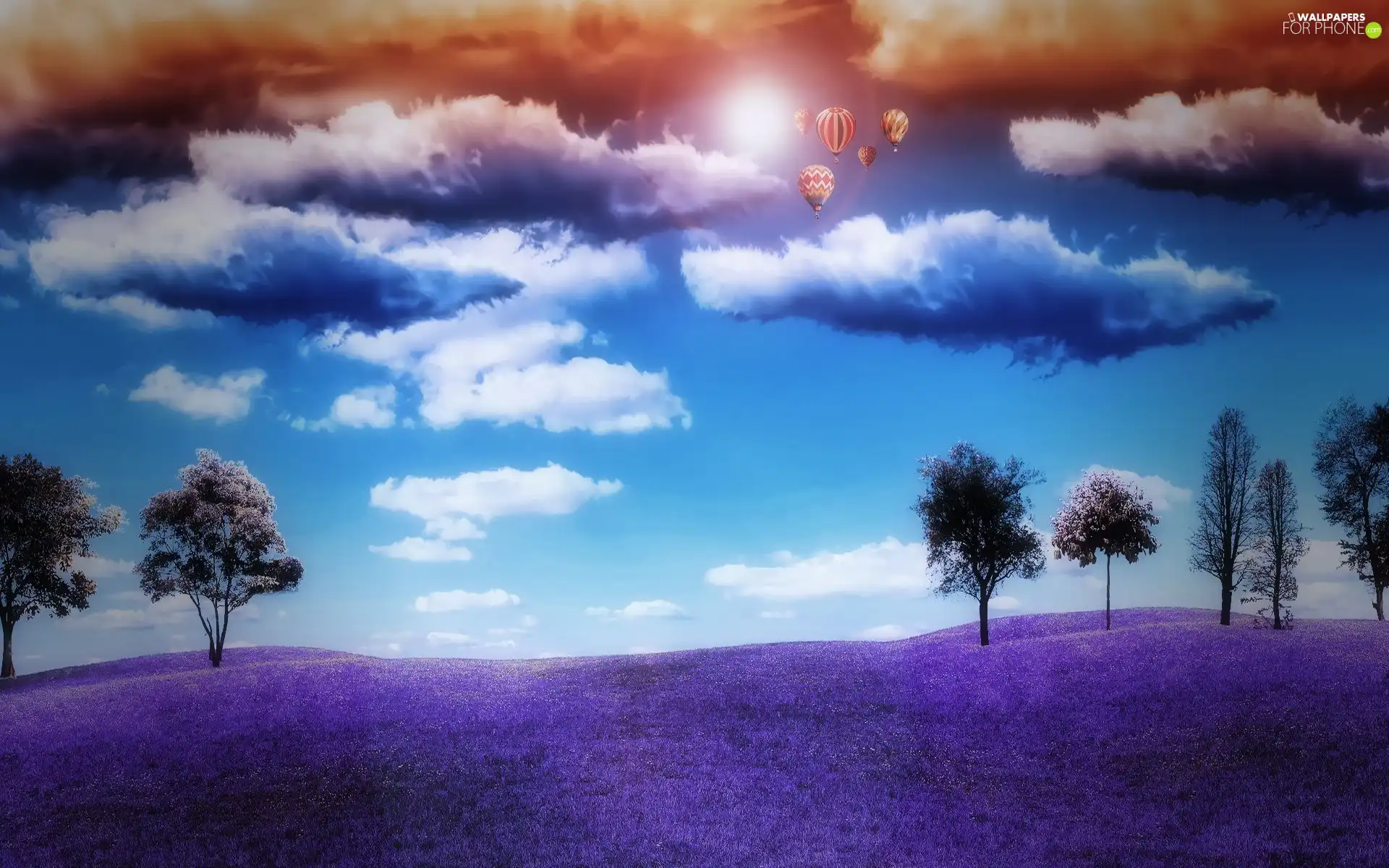 Violet, clouds, Balloons, Meadow