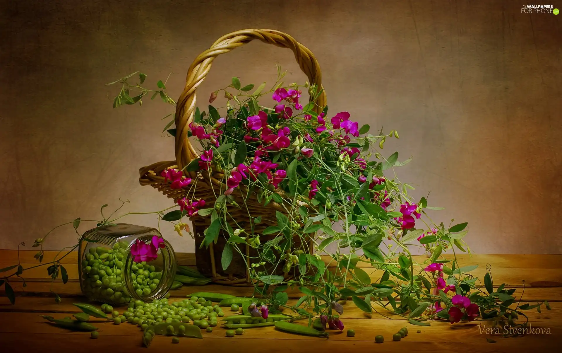 basket, pods, Fragrant Peas, Flowers, composition