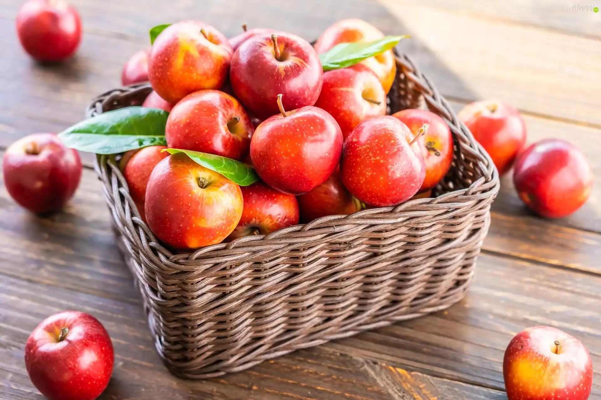 basket, apples, leaves