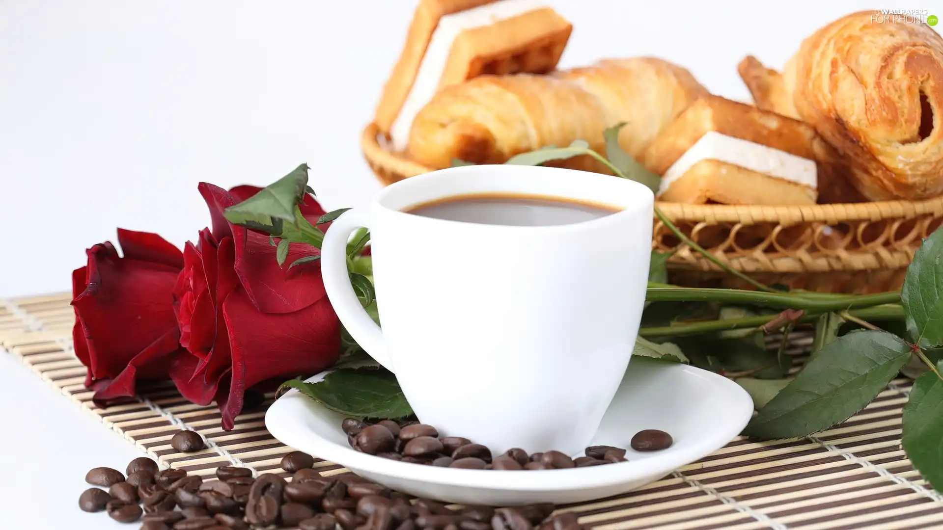 fresh, cup, basket, rose, Buns, coffee