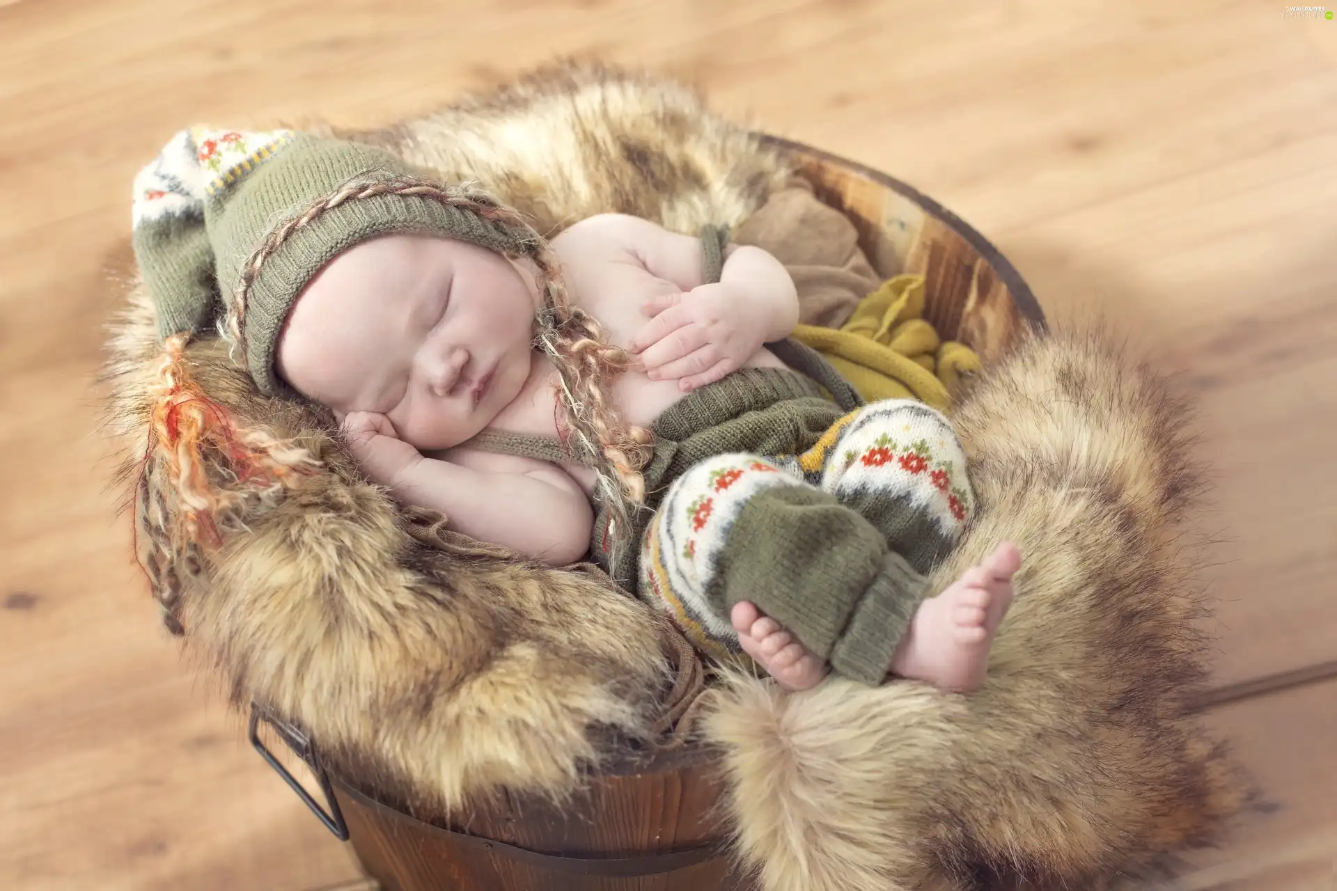 Sleeping, clothes, basket, Kid
