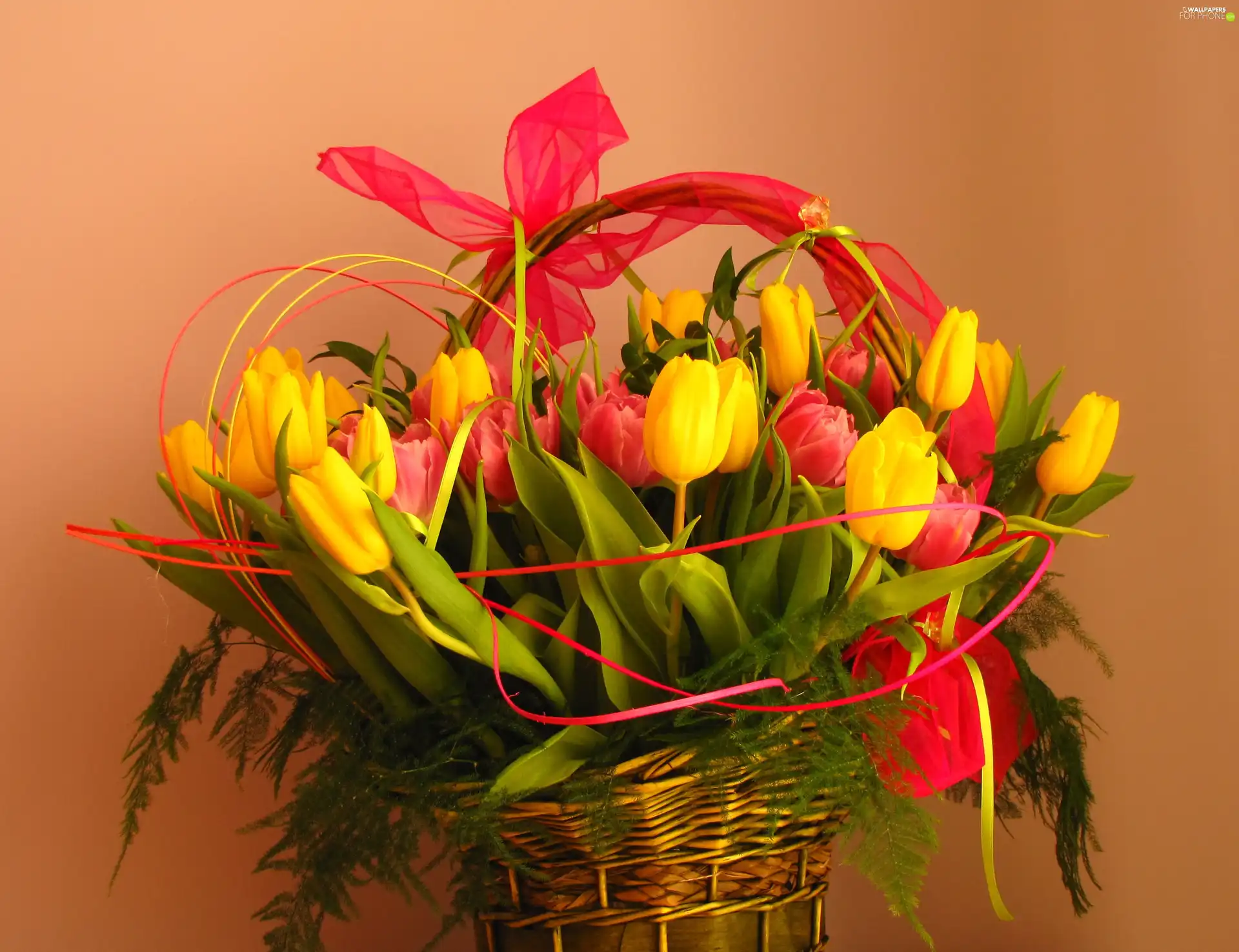 basket, bouquet, tulips